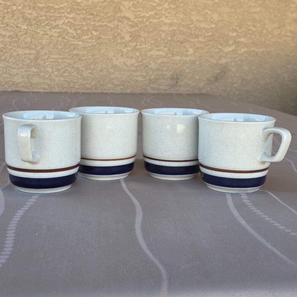 Contemporary Chateau Hand Painted Stoneware w blue Bands Coffee Cup Mug Vintage